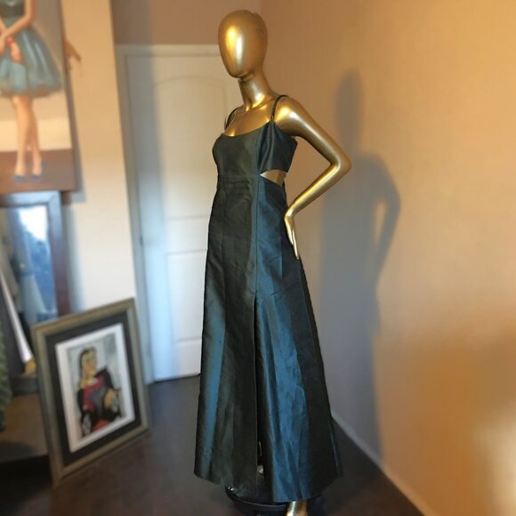 ALFRED SUNG Open Neckline Cutout Satin Twill A-Line Gown w/Pockets in Evergreen - Picture 2 of 11